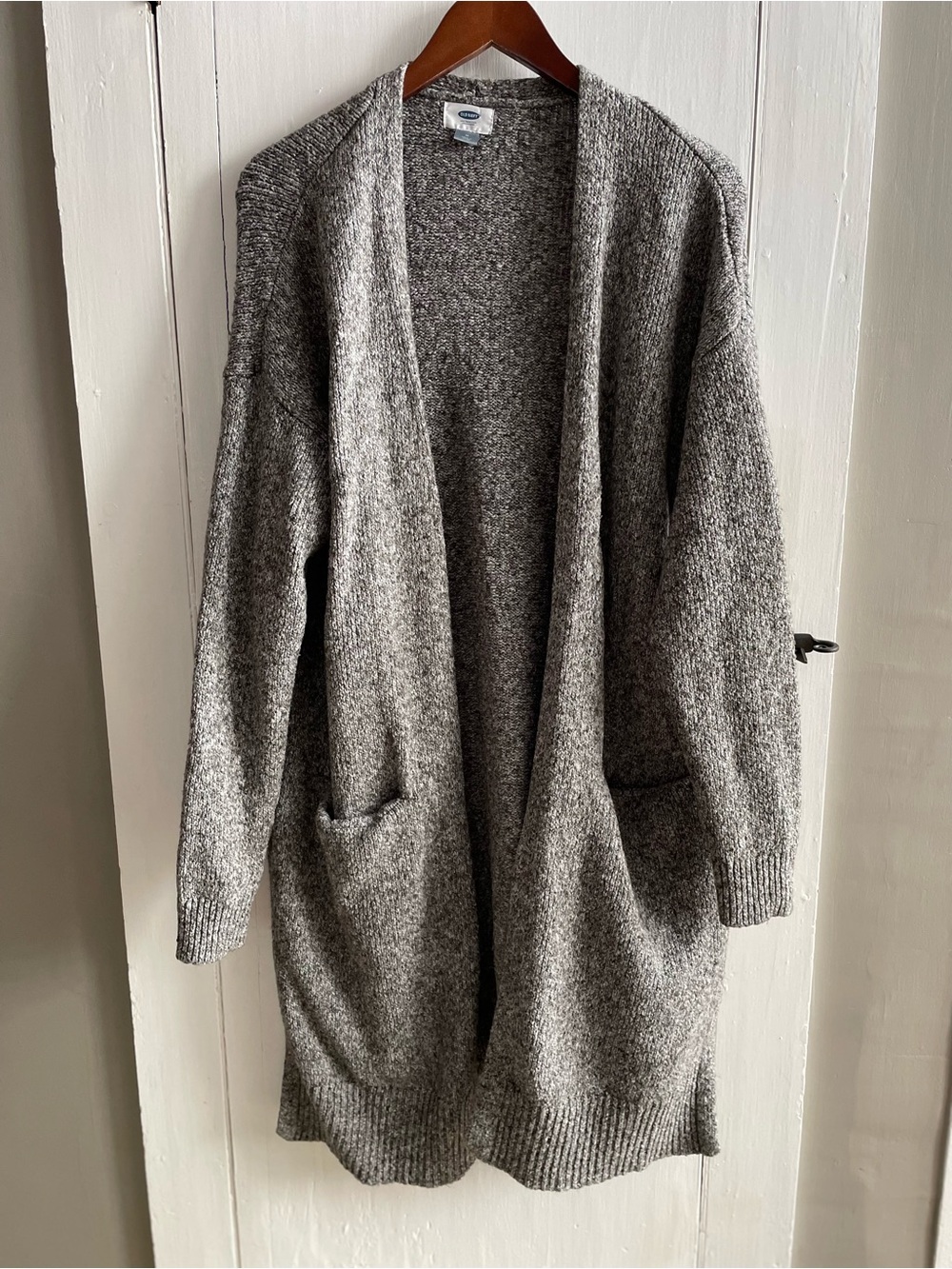 Gray Heathered Cotton Knit Super Long Open Front Pocket Cardigan Sweater L